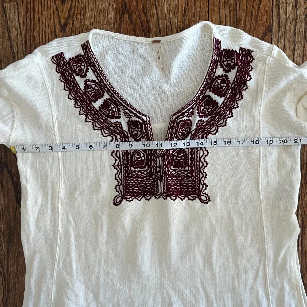 Free People Santa Maria Boho Chic Top Cream Embroidered Long Sleeve Peasant S
